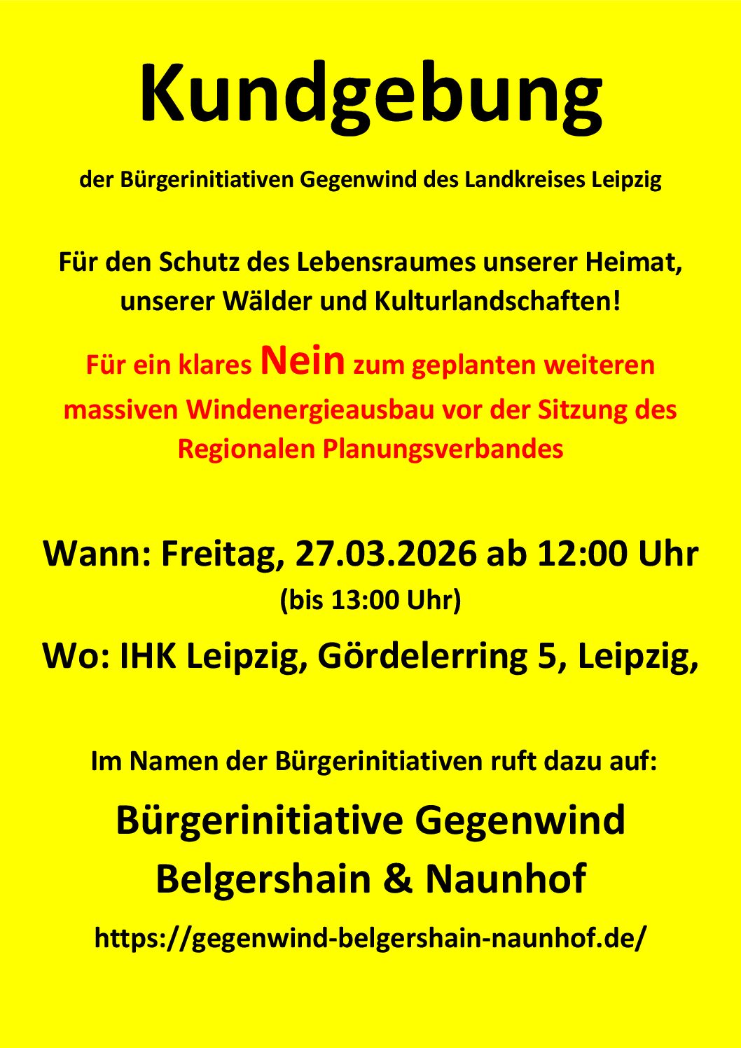 Danke allen Wahlteilnehmern und Wahlhelfern am 1. März 2026, dem Tag des Bürgerentscheids! Überwältigende 70,5 % der Wähler sagten in Naunhof und Ortsteilen „Ja“ zur Frage „Sind Sie dafür, dass die Stadt Naunhof im Rahmen ihres Einvernehmens nach § 36 BauGB alle rechtlich und tatsächlich zulässigen Möglichkeiten nutzt, um die Errichtung von Windenergieanlagen auf dem Stadtgebiet zu verhindern, mindestens aber in ihren Auswirkungen einzuschränken?“